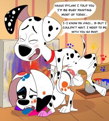 101_dalmatian_street 101_dalmatians animal_genitalia animal_penis animal_vulva balls black_ears black_nose black_spots blue_paint blue_spots blue_tongue blush blush_lines brother_(lore) brother_and_sister_(lore) canid canine canine_genitalia canine_penis canine_vulva canis collar da_vinci_(101_dalmatians) dalmatian disney domestic_dog draggieposs duo dylan_(101_dalmatians) ejaculation english_text eye_patch_(marking) facial_markings female female_penetrated feral floppy_ears fur genitals head_markings heterochromatic_ears hi_res incest_(lore) male male/female mammal markings orange_spots paint painting_(object) patch_(marking) penis pink_inner_ear red_collar red_paint red_spots sex sibling_(lore) sister_(lore) speech_bubble spots star text tongue tongue_out vaginal vaginal_penetration vaginal_sex white_body white_fur white_spots yellow_paint