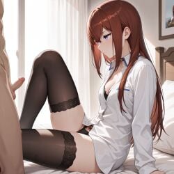 1boy 1girls ai_generated arrogant asukasslave bed bedroom cleavage clothed_female_nude_male makise_kurisu naked shirt sitting small_penis standing stockings