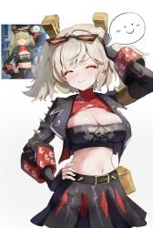 1girls black_gloves black_jacket blonde_hair blush breasts burnice_white cleavage closed_eyes closed_mouth commentary crop_top desire_(des1re) eyewear_on_head female female_only game_screenshot_inset gloves hand_on_own_hip highres inset jacket long_hair navel reference_inset screenshot_inset short_twintails simple_background skirt smile solo spoken_expression spoken_smile stomach sunglasses symbol-only_commentary twintails white_background zenless_zone_zero