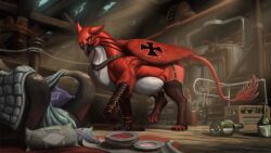 apelairplane avian beak bodily_fluids clothing collar feathered_wings feathers female feral gryphon hi_res lactating legwear machine milking_machine mythological_avian mythological_creature mythology red_body solo stockings tail teats wings