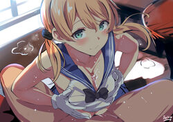 1boy alternate_costume anchor_hair_ornament aqua_eyes bangs banned_artist belko blonde_hair blue_sailor_collar blush breasts cum cum_on_body cum_on_breasts cum_on_upper_body eyebrows_visible_through_hair female gloves hair_ornament kantai_collection large_breasts long_hair paizuri prinz_eugen_(kantai_collection) sailor_collar signature sleeveless smile steam straight sweat twintails white_gloves