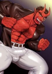 1boy abs arm_hair balls_under_clothes bara bare_breasts beard beefy big_bulge big_penis breasts broad_shoulders brown_hair bulge bulge_through_clothing chest_hair clenched_hand collarbone curved_penis curved_to_the_right_penis daddy demon demon_horns devil devil_horns dilf erection erection_under_clothes forked_eyebrows frown gay genital_outline glans gradient_background hairy hi_res huge_cock hunk jacket jacket_open legs_apart long_horn long_tongue looking_at_viewer male male_only manly mature_male muscles muscular muscular_male muscular_neck navel original original_character osa_(marumaru023) pecs penis pointy_ears red_body sharp_teeth short_hair sideburns simple_background six_pack slit_pupils solo standing teeth_showing thick_eyebrows thick_penis tight_clothing tongue_out tough_guy v-shaped_eyebrows very_high_resolution yaoi yellow_eyes