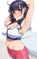 1girls armpits arms_up belly blush breasts cleavage female female_only hi_res igarashi_kyouhei large_breasts midriff navel original pants ponytail sideboob smile sports_bra stretching yoga_pants zipper