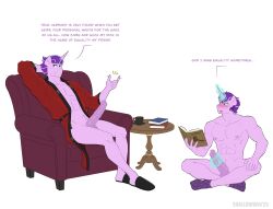 animal_genitalia animal_penis anthro book clothed clothing container crossed_legs cup duo end_table english_text equid equine equine_genitalia equine_penis erection footwear friendship_is_magic genitals glowing hair hasbro hi_res horn magic magical_masturbation male male/male mammal masturbation medial_ring muscular muscular_male my_little_pony mythological_creature mythological_equine mythology open_clothing open_robe penis pink_body purple_hair robe shallowwin shoes side_table sitting slippers snapping_fingers socks starlight_glimmer_(mlp) tea_cup text unicorn