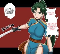 1girls breasts english english_text fire_emblem fire_emblem:_the_blazing_blade green_eyes green_hair lyn_(fire_emblem) nintendo ponytail text toui