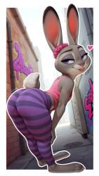 3_toes absurd_res ai_generated alley anthro arched_back ass barefoot bent_over big_butt big_feet border bottomwear brick_wall buckteeth chromatic_aberration city city_background clothing disney ears_up eyelashes eyeshadow feet female female_only film_grain full-length_portrait fur furry graffiti grey_body grey_fur hands_on_knees hands_on_legs heart hi_res judy_hopps lagomorph leaning leaning_forward leggings legwear leporid long_ears looking_back makeup mammal midriff motion_lines mouth_closed multicolored_body multicolored_fur narrowed_eyes outline outside outside_border pattern_bottomwear pattern_clothing pattern_legwear pink_clothing pink_shirt pink_tank_top pink_topwear pipe portrait prompt purple_eyes rabbit rabbit_ears scrunchie scut_tail shirt short_stack short_tail smile solo standing striped_bottomwear striped_clothing striped_legwear stripes tail tank_top teeth thick_eyelashes thick_outline thick_thighs tight_bottomwear tight_clothing toes tongue tongue_out topwear tuft two-tone_body two_tone_body two_tone_fur urban urban_background wall_(structure) white_body white_border white_fur white_outline zootopia