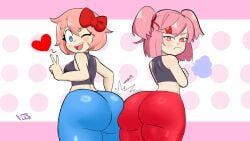 2girls angry angry_face annoyed annoyed_expression ass ass_focus back back_view backside big_ass big_butt blue_eyes blue_leggings blue_tights bow bow_in_hair breasts butt_focus butts_touching colored commission commission_art commissioner_upload coral_pink_hair crossed_arms digital_drawing_(artwork) digital_media_(artwork) doki_doki_literature_club female female_only hair_ribbon hairpiece heart huff huffing kasutoo1 leggings midriff_showing multiple_girls natsuki_(doki_doki_literature_club) peace_sign pink_eyes pink_hair pout pouting red_leggings red_tights sayori_(doki_doki_literature_club) short_hair short_top skin_tight skin_tight_outfit smile smiling smiling_at_viewer spoken_heart staring_at_viewer thick_thighs thighs tights twintails wink winking_at_viewer workout_clothes