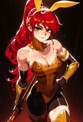 1girls ai_generated bunny_ears bunnysuit female female_only green_eyes long_hair milo_(rwby) pyrrha_nikos red_hair rwby sexy_clothing shiny_hair shiny_skin solo solo_female spear tagme