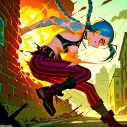 (titancore) ai_generated arcane_jinx arm_tattoo blue_hair breasts breasts_out crazy_girl curvy_figure explosion female girl jinx_(league_of_legends) league_of_legends long_hair low_twintails open_mouth puffy_nipples sweatdrop torn_clothing