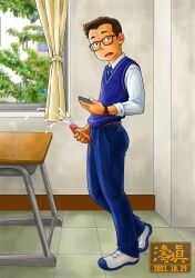 1boy 2021 blush brown_hair censored classroom cum cumshot dated erection fully_clothed gay glasses male male_only mosaic_censoring original penis penis_out penis_through_fly phone skinny solo teacher to-ma wristwatch yaoi young