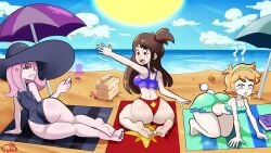 3girls ? ?? akko_kagari angry angry_expression angry_face angry_vein ass atsuko_kagari bathing_suit beach beach_background beach_hat beach_towel beach_umbrella bed between_ass big_ass big_butt bikini blonde-haired_female blonde_female blonde_hair blue_eyes blue_nail_polish book brown-haired_female brown_hair brunette_female brunette_hair colored commission commission_art commissioner_upload confused confused_expression confusion crab crimson_eyes digital_drawing_(artwork) digital_media_(artwork) eyes_hidden fingernails freckles freckles_on_face friends fume fumes glasses glasses_between_ass hair_over_eyes hairband half-dressed half_naked half_ponytail headband kasutoo1 little_witch_academia looking_for_glasses lost_glasses lotte_jansson lotte_yansson nail_polish nails_painted one-piece_swimsuit painted_nails pale-skinned_female pale_skin picnic_basket ponytail potion potion_bottle purple_eyes purple_hair purple_hair_female purple_nail_polish red_nail_polish relaxing roommate roommates sand smile smiling studio_trigger sucy_manbavaran sun sun_hat swimsuit toenails towel water waves waving_hand