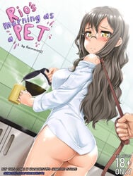 1girls ass blush coffee_mug coffee_pot embarrassed female futaba_rio glasses grey_hair gumroad harmonist11 kitchen leash long_hair looking_back seishun_buta_yarou_wa_bunny_girl_senpai_no_yume_wo_minai shirt yellow_eyes