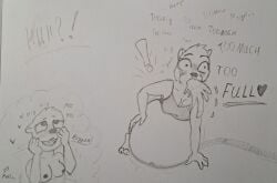 all_fours anthro belly belly_expansion belly_inflation big_belly blush blush_lines bodily_fluids clothing crop_top exclamation_point expansion female filled_to_the_brim hand_on_belly heart_symbol hose hose_in_butt hose_inflation inflation mammal mustelid otter patchwork_weasel ready_to_burst ready_to_pop shirt solo text topwear vomit wet_dream