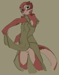 2019 absurd_res anthro blue_eyes clothing clothing_lift dress dress_lift female flashing genitals green_background green_clothing green_dress hi_res lizard looking_at_viewer maxmushroom no_underwear off_shoulder portrait pussy red_body red_scales reptile scales scalie simple_background solo standing three-quarter_portrait