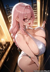 1girl ai_assisted ai_generated bare_shoulders bracelet breasts cityscape cleavage curvaceous curvy curvy_female curvy_figure dress earrings female glasses halter_dress huge_breasts jewelry long_hair looking_at_viewer milf miyuai mole night pink_eyes pink_hair pool solo thick thick_ass thick_butt thick_hips thick_legs thick_thighs thighs tsukishiro_yanagi voluptuous voluptuous_female wide_hips wide_thighs zenless_zone_zero