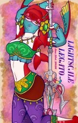 1girls artist_name belly_button breasts clockwise_works clothed clothing english english_commentary english_text female female_zora fish fish_girl fishgirl gerudo_bottom gerudo_mipha gerudo_outfit gerudo_set_(zelda) gerudo_top gerudo_veil harem_girl harem_outfit jewelry lance looking_at_someone looking_at_viewer mipha monster_girl nude_version_available red_skin red_skinned_female revealing_clothes solo solo_female solo_focus the_legend_of_zelda the_legend_of_zelda:_breath_of_the_wild veil weapon zora
