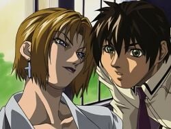 00s 1boy 1girls 2006 age_difference animated bible_black bible_black_black_sacrifice bible_black_night_of_the_walpulgiss blonde_hair blue_eyes bow bowtie breasts cross cross_earrings earrings female gif green_eyes jewelry kitami_reika lab_coat large_breasts licking licking_another's_cheek lipstick makeup minase_taki older_female_and_younger_male shirt short_hair tagme tongue tongue_out white_shirt witch