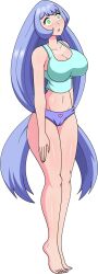 bangs bare_legs barefoot blue_hair boko_no_hero_academia boku_no_hero_academia breasts cameltoe cleavage clothed collarbone dlobo777 expressionless feet female_only femsub glowing_eyes green_eyes huge_breasts hypnosis large_breasts midriff my_hero_academia nejire_hado open_mouth panties simple_background solo standing standing_at_attention tank_top tiptoes underwear very_long_hair white_background
