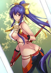 ass ass_cleavage bikini_armor blazblue blazblue:_central_fiction blue_hair butt_crack canon_genderswap dat_ass female from_behind ishigaki_takashi large_breasts long_hair looking_back mai_natsume photo ponytail selfie sideboob skimpy_clothes smiling