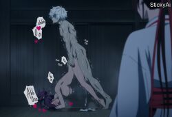 1boy 2girls accurate_art_style ai_generated anime_coloring bedroom black_hair cheating cheating_(relationship) cheating_husband completely_nude gabimaru grey_hair implied_sex indoors jigokuraku mature_female medium_breasts nipples nude nude_female nude_male purple_hair sex stickyai toned walk-in walked_in_on yamada_asaemon_sagiri yuzuriha_(jigokuraku)