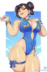 1girls artist_name asian asian_female big_breasts blue_fingernails blue_swimsuit body_chain bracelet braided_hair breasts brown_eyes brown_hair capcom chun-li cleavage earrings hair_bun hair_flower hand_on_chest hips kajinman looking_at_viewer looking_down one-piece_swimsuit painted_nails ribbon sky sparkles street_fighter street_fighter_6 sweat swimsuit thick_thighs thighs viewed_from_below