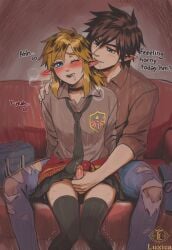2boys ai_art ai_generated almond_eyes black_hair black_lipstick blue_eyes blush boyfriend choker crossdressing dirty_talk drooling earrings femboy femboysub feminine_male feminization flustered gay gay_sex girly girly_boy golden_hair green_eyes hylian hylian_ears jeans jerking jerkingoff legwear link link_(breath_of_the_wild) link_(tears_of_the_kingdom) long_hair luxica male/femboy male/male male_on_femboy masturbating masturbation necktie novelai one_eye_closed school_uniform schoolgirl_uniform shirt skirt teasing the_legend_of_zelda trap twink uncensored yaoi