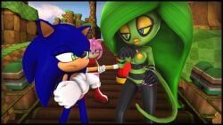 1boy 2girls 3d amy_rose angry angry_expression annoyed annoyed_female areolae ari_is_very_sad blue_eyes blue_fur breasts breasts_out eulipotyphlan fur green_body green_eyes green_hair green_skin hammer hedgehog mammal nipples pink_fur pink_nails presenting_breasts sega sfm sonic_(series) sonic_the_hedgehog sonic_the_hedgehog_(series) source_filmmaker tail weapon yellow_sclera zeena zeti