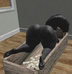 2020 3d_(artwork) all_fours anthro ass banknote big_butt black_body black_skin coffin digital_media_(artwork) feet female genitals inside isazicfazbear markings money nails nude plantigrade presenting presenting_hindquarters raised_tail rear_view scp-023 solo tail thick_thighs vulva