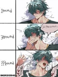 bedding_background bite_mark bite_marks blush blush_lines gay green_hair gripping_sheets hoyoverse implied_sex lighter_(zenless_zone_zero) multiple_rounds nori31291404 small_dom_big_sub yaoi zenless_zone_zero