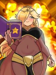 alternate_costume big_breasts black_nails blonde_hair blue_eyes blush bodystocking book bracelet bracelets breasts bridal_gauntlets closed_mouth commentary cosplay covered_navel crown earrings english_commentary explosion explosion_background female fire_emblem fire_emblem_awakening from_below hair_over_one_eye highres holding holding_book jewelry large_breasts long_hair looking_to_the_side mario_(series) mnejing30 navel_visible_through_clothes nintendo open_book pelvic_curtain princess_rosalina smile solo star_(symbol) star_earrings super_mario_galaxy tharja_(fire_emblem) tharja_(fire_emblem)_(cosplay) the_super_mario_galaxy_movie thick_thighs thighs thin_waist tiara underboob very_long_hair wide_hips