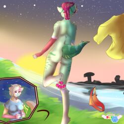 absurd_res anthro ass beach breasts comic domestic_cat duo felid feline felis female female/female fluffy fur furry genitals grass hi_res hyaenid hyena illustration love mammal manga night nude paws phone photo pornography pussy seaside sex star string summer sun tail underwear yuri