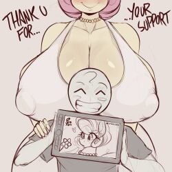 1boy 1girls 1milf anon anonymous_male anthro anthrofied big_breasts blush breasts busty busty_female cleavage clothed clothing drawing_tablet dress duo english_text erect_nipples female female_anthro friendship_is_magic grin hasbro head_out_of_frame height_difference huge_breasts human human_male jewelry large_breasts male male/female male_human/female_anthro mare mature mature_anthro mature_female milf mother mrs._shy_(mlp) my_little_pony necklace nipple_bulge nipple_outline nipples older_female pony posey_shy_(mlp) saltyxodium size_difference smaller_male smile smiling text unseen_eyes white_clothing white_dress