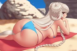 1girls 2020 artist_name ass azur_lane back beach beach_towel big_ass bikini blue_bikini braid braided_bun breast_press breasts double_bun eyebrows_visible_through_hair eyes_visible_through_hair female female_only formidable_(azur_lane) formidable_(the_lady_of_the_beach)_(azur_lane) head_rest highres kuroonehalf large_breasts light-skinned_female light_skin long_braid long_hair looking_at_viewer looking_back lying red_eyes rock royal_navy_(azur_lane) sand sideboob silver_hair single_thighhigh solo string_bikini swimsuit thick_thighs thighhighs thighs towel very_long_hair