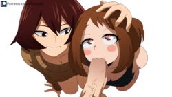 1boy 2girls assisted_fellatio blowjob brown_eyes brown_hair faceless_male felipe_godoy fellatio handjob heart-shaped_pupils heart_eyes mandalay my_hero_academia ochako_uraraka older_female oral penis rosy_cheeks shino_sousaki shounen_jump sweater tank_top tareme teacher_and_student threesome tsurime younger_female