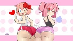 2girls angry angry_face annoyed annoyed_expression ass ass_focus back back_view backside big_ass big_butt black_topwear blue_eyes bow bow_in_hair breasts butt_focus butts_touching colored commission commission_art commissioner_upload coral_pink_hair crossed_arms digital_drawing_(artwork) digital_media_(artwork) doki_doki_literature_club female female_only hair_ribbon hairpiece heart huff huffing kasutoo1 multiple_girls natsuki_(doki_doki_literature_club) peace_sign pink_eyes pink_hair pink_shorts pout pouting red_shorts sayori_(doki_doki_literature_club) short_hair short_shorts shorts skin_tight skin_tight_outfit smile smiling smiling_at_viewer spoken_heart staring_at_viewer thick_thighs thighs twintails white_topwear wink winking_at_viewer workout_clothes