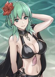 1girls alternate_costume beach big_breasts bikini bikini_bottom bikini_top black_bikini black_cape black_swimsuit byleth_(fire_emblem) byleth_(fire_emblem)_(female) byleth_(summer)_(fire_emblem)_(female) cape choker cleavage dagger enlightened_byleth_(female) female female_only fire_emblem fire_emblem:_three_houses fire_emblem_heroes flower flower_in_hair green_eyes green_hair hand_behind_head heels jewelry nintendo ocean open_toe_shoes smile solo solo_female swimsuit tassel togo2828 upper_body water