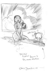 1girls almost_naked big_breasts big_lips big_thighs bikini black_and_white breasts chris_sanders drawing drawn exposed_midriff female going_commando horizon hourglass_figure hourglass_figured_female lilo_and_stitch long_hair midriff monochrome nani_pelekai no_panties no_thong ocean official_art pencil_(artwork) sketch stitch stitch_(lilo_and_stitch) surfboard thick_lips thick_thigs voluptuous voluptuous_female water