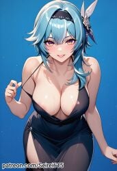 ai_art ai_generated ass_up big_ass big_breasts blue_background blue_hair dress eula_(genshin_impact) female female_focus formal formal_dress genshin_impact large_breasts leaning_forward seiarts sexy_body sexy_pose wide_hips