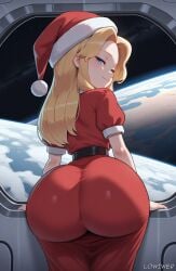 1girls ai_generated ass ass_focus big_ass blonde_hair blue_eyes curvy curvy_figure dat_ass from_behind hi_res highres huge_ass laboratory large_ass light-skinned_female light_skin long_hair looking_at_viewer looking_back lowiwer maria_robotnik santa_costume santa_dress santa_hat seductive_look seductive_smile sega smile solo solo_focus sonic_(series) sonic_the_hedgehog_(series) space