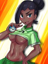 1girls areola areola_slip areolae black_hair blush breasts dark-skinned_female dark_skin female female_focus female_only game_freak great_ball green_clothes green_clothing hair_bun hips holding_object human midriff navel nintendo npc_trainer pokemon pokemon_sm rising_star_(pokemon) rising_star_(pokemon_sm) shirt_up short_sleeves solo solo_female stomach tummy underboob ytrall