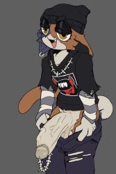 anthro beanie calico_cat cheek_tuft clothing domestic_cat epic_games facial_tuft felid feline felis fish_hook fish_hook_piercing fortnite fur genitals gynomorph hat headgear headwear hi_res hook intersex jewelry mammal meow_skulls multicolored_body multicolored_fur necklace penis piercing pulling_pants_down sludgecentric tail torn_clothing tuft undressing_self vein veiny_penis wallet_chain yellow_eyes