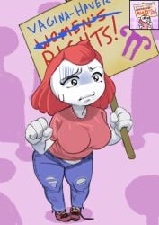 1girls big_breasts breasts female female_only jeans meme nervous political politics pornomagnum red_hair ripped_jeans simple_background stonetoss sweat sweatdrop tagme white_body