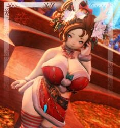 antlers big_breasts blue_eyes bright_pupils brown_hair christmas_outfit ffxiv ffxiv_npc final_fantasy_xiv gpose(ffxiv) gpose_(ffxiv) krile_(ffxiv) krile_mayer_baldesion_(ff14) lalafell lewd mamatua npc shortstack