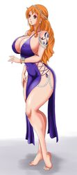 1girls big_breasts brown_eyes clothed_female dress female female_focus female_only huge_breasts large_breasts long_hair mature_female nami nexus-sig nipples nipples_visible_through_clothing one_piece orange_hair purple_dress redhead solo solo_female solo_focus thick_thighs white_background