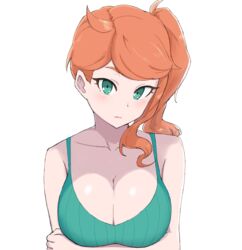 1girls alternate_breast_size big_breasts breasts calendarv camisole cleavage coat_removed crossed_arms eyeliner female female_only ginger ginger_hair green_eyes highres large_breasts light_skin looking_at_viewer nintendo orange_hair pale_skin pokemon pokemon_ss ponytail side_ponytail slim solo solo_female sonia_(pokemon) white_background