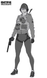 armor baseball_cap black_and_white bodysuit cameltoe color dmitrys female firearm footwear fully_clothed glasses grenade gun handgun handwear hat headphones headwear original_character pussy_lips solo suppressor tactical tactical_vest vest weapon