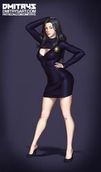 aline_des-jardins_(klemmohazard) big_lips black_dress black_hair breasts cleavage color commission dmitrys female female_only hand_on_hip heels high_heels hips legs lips looking_at_viewer pale-skinned_female pale_skin plump_lips pose solo solo_female