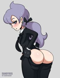 1girls anabel_(pokemon) anabel_(pokemon_sm) ass big_ass blush earrings grey_background hair_ribbon long_hair nintendo no_panties pale-skinned_female pale_skin pants_down pokemon pokemon_rse pokemon_sm ponytail purple_eyes purple_hair sandyrex thick_ass