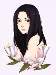 artist_name black_eyes black_hair eva_smith female female_only flower leaf lily_(flower) long_hair looking_at_viewer naruto naruto_(classic) nude smile solo text topless uchiha_mikoto upper_body white_flower