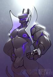 anthro balls bulge furry glowing male_only muscular muscular_male nipples no_eyes no_swift playstation playstation_5 presenting robot rubber video_game_controller